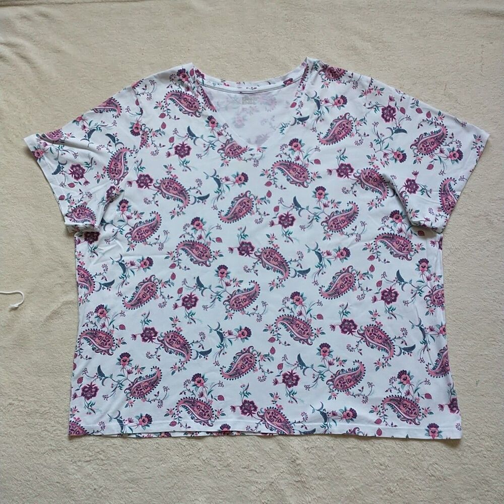 Lands End T Shirt Womens 2X Pink White Floral Paisly Short Sleeve V Neck Cotton